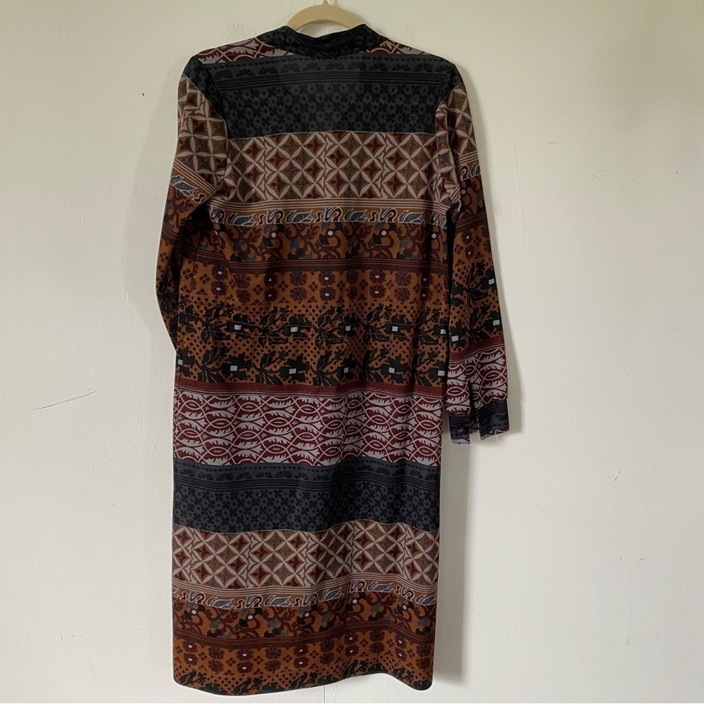 Vintage Geometric Floral Print Dress Brown Black Retro 60s 70s Womens Medium - Picture 8 of 9